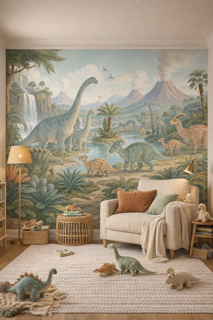 Whimsical Boho terracotta dinosaurs featuring volcanoes - Wall Mural Peel and Stick Wallpaper for Whimsical Boho Reading Corner.