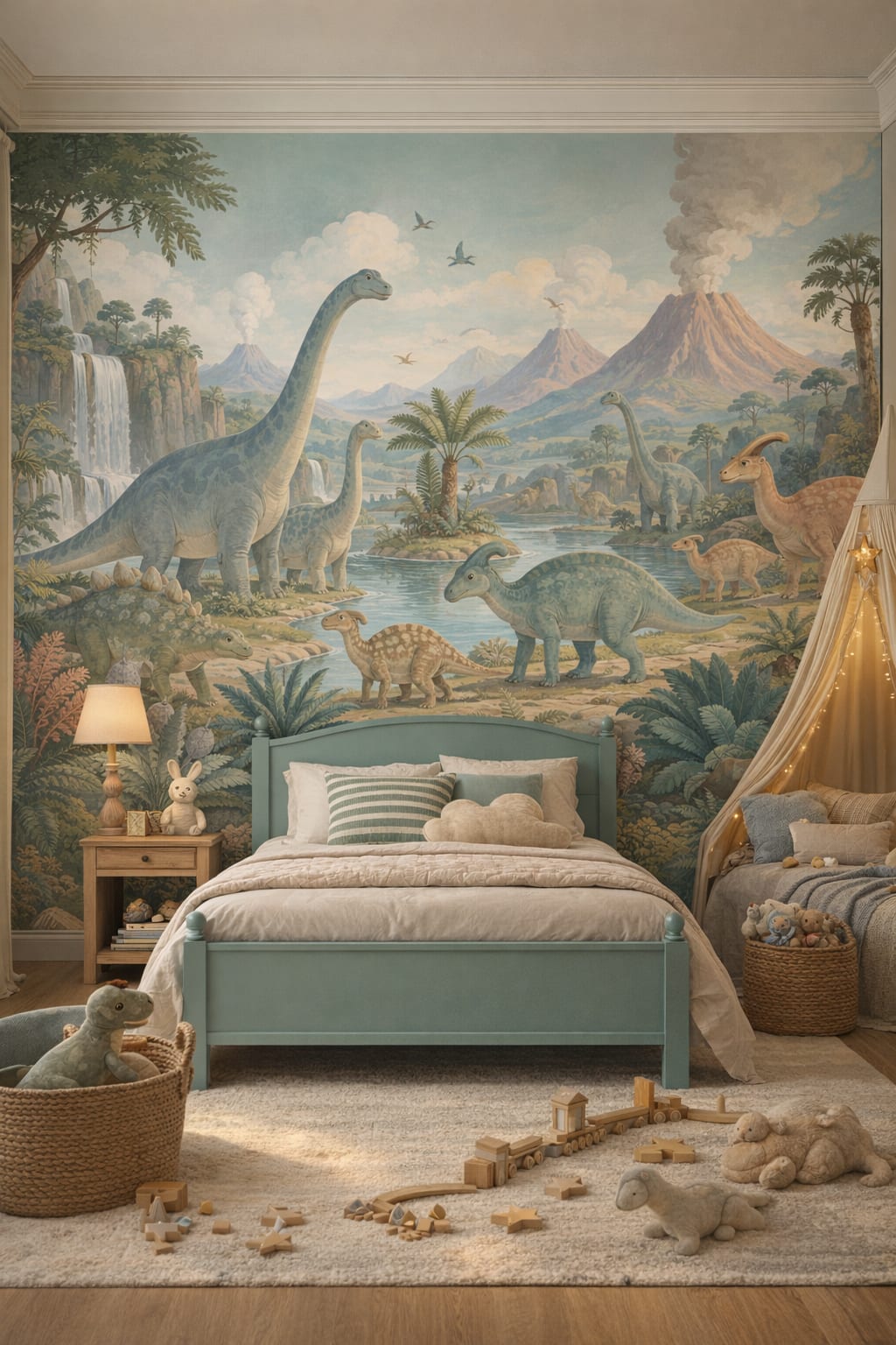 Sage and cream Classic Storybook dinosaurs featuring volcanoes - Wall Mural Peel and Stick Wallpaper for Classic Storybook Kids Bedroom.