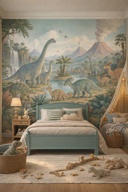 Sage and cream Classic Storybook dinosaurs featuring volcanoes - Wall Mural Peel and Stick Wallpaper for Classic Storybook Kids Bedroom.