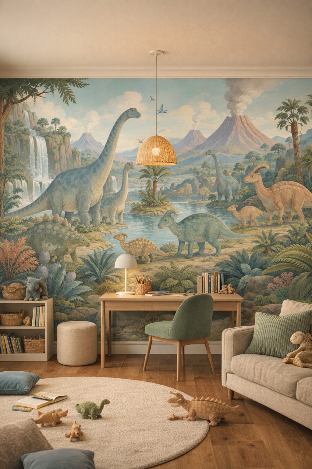 Teal walnut dinosaurs featuring volcanoes - Wall Mural Peel and Stick Wallpaper for Mid-century Kids Homework / Study Corner.