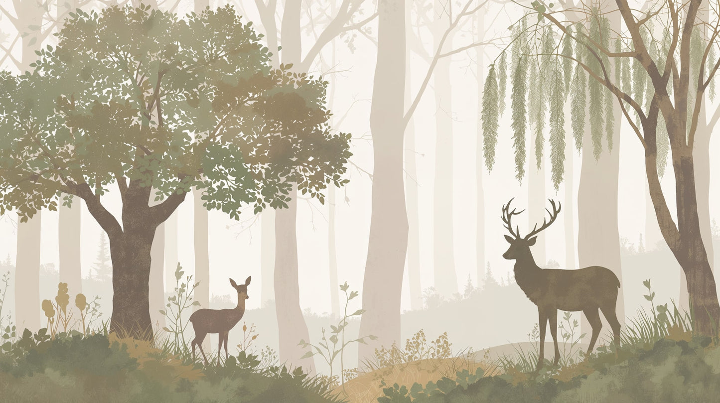 Calming misty Soft Beige deer featuring forest trees and meadow grasses - Wall Mural & Peel and Stick Wallpaper for Minimalist Interiors and Premium Home Styling.
