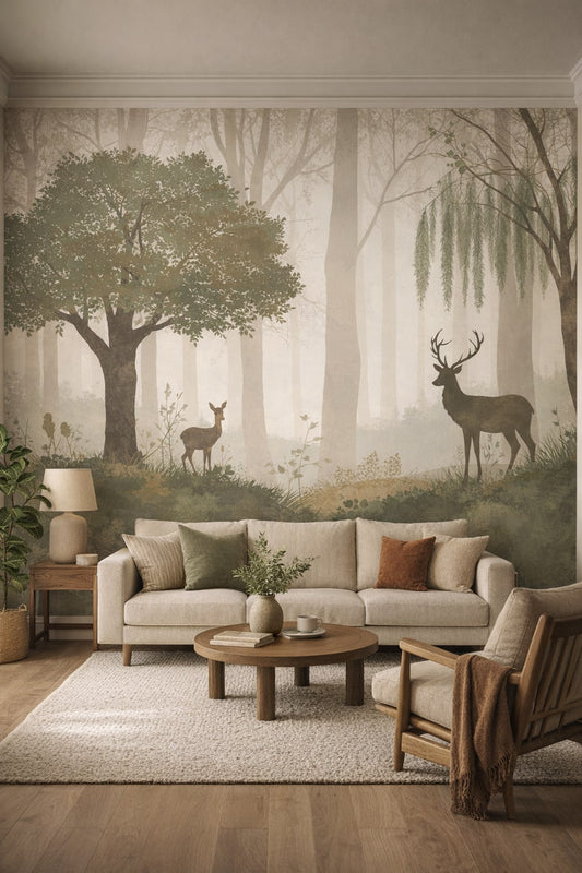 Moss green woodland deer silhouette featuring misty woodland - Wall Mural Peel and Stick Wallpaper for Woodland / Forest Living Room.