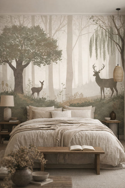 Wabi-sabi muted earth-tones deer featuring misty woodland - Wall Mural Peel and Stick Wallpaper for Wabi-sabi Master Bedroom.