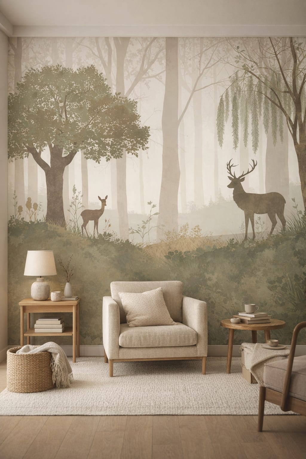 Japandi sand-toned deer featuring misty woodland - Wall Mural Peel and Stick Wallpaper for Japandi Reading Corner.