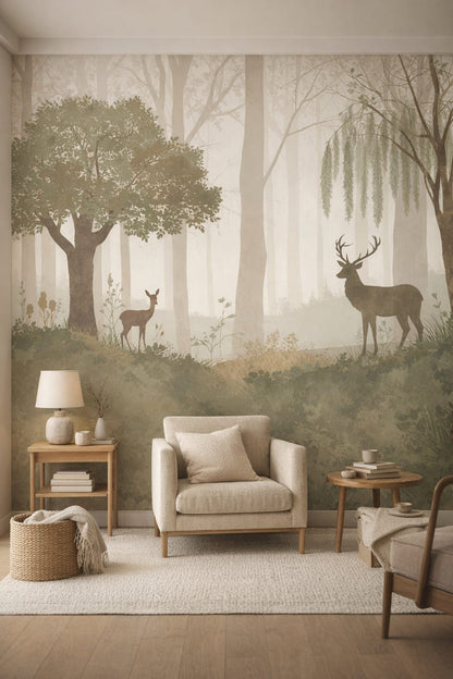 Japandi sand-toned deer featuring misty woodland - Wall Mural Peel and Stick Wallpaper for Japandi Reading Corner.