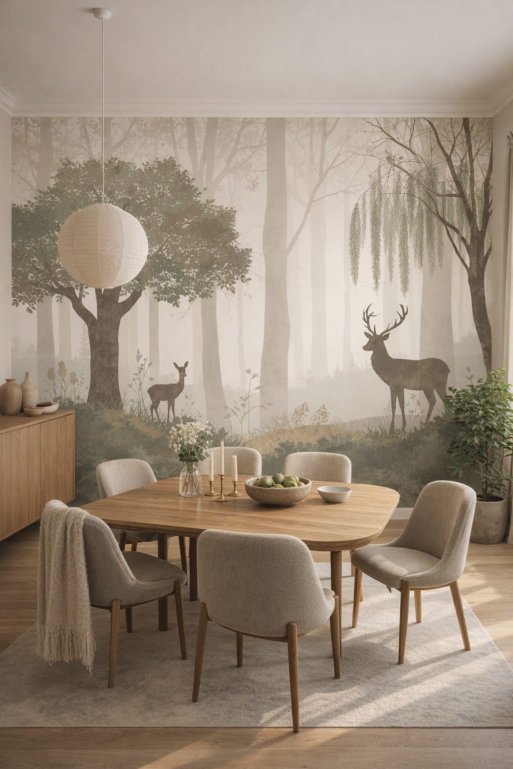Organic Modern cream deer featuring misty woodland - Wall Mural Peel and Stick Wallpaper for Organic Modern Dining Room.
