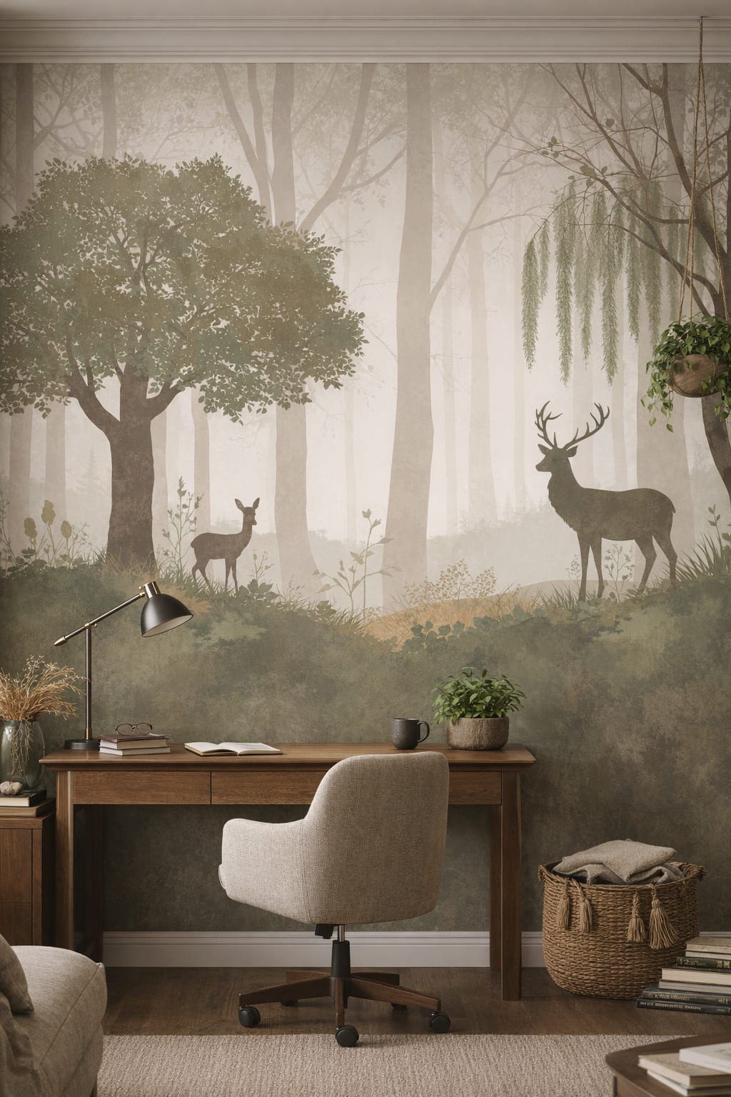 Biophilic green-neutral deer featuring misty woodland - Wall Mural Peel and Stick Wallpaper for Biophilic Design Executive Home Office.