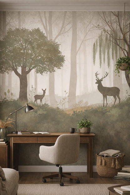 Biophilic green-neutral deer featuring misty woodland - Wall Mural Peel and Stick Wallpaper for Biophilic Design Executive Home Office.