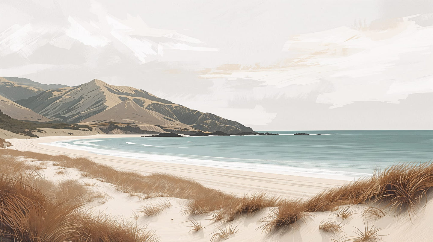 Painterly Airy Ivory coastal landscape featuring sand dunes, mountain range, and beach grass - Wall Mural & Peel and Stick Wallpaper for Airy Interiors and Premium Home Styling