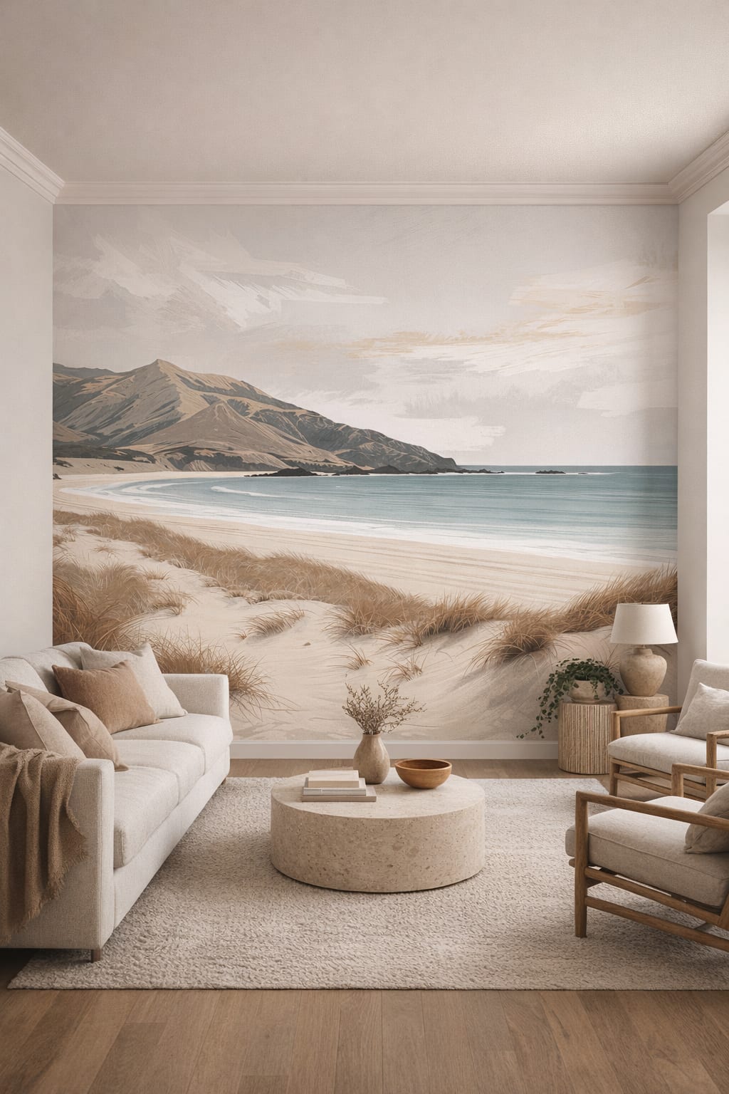 Organic Modern sand-toned coastal landscape featuring sand dunes - Wall Mural Peel and Stick Wallpaper for Organic Modern Living Room.