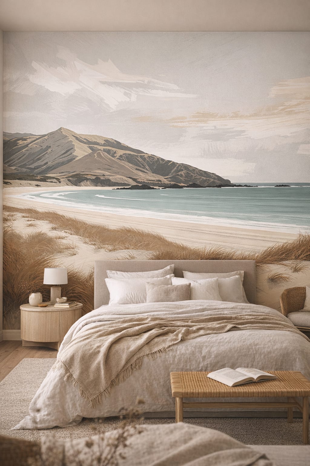 Zen neutral coastal landscape featuring beach grass - Wall Mural Peel and Stick Wallpaper for Zen Master Bedroom.
