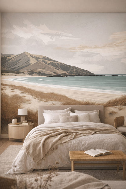 Zen neutral coastal landscape featuring beach grass - Wall Mural Peel and Stick Wallpaper for Zen Master Bedroom.