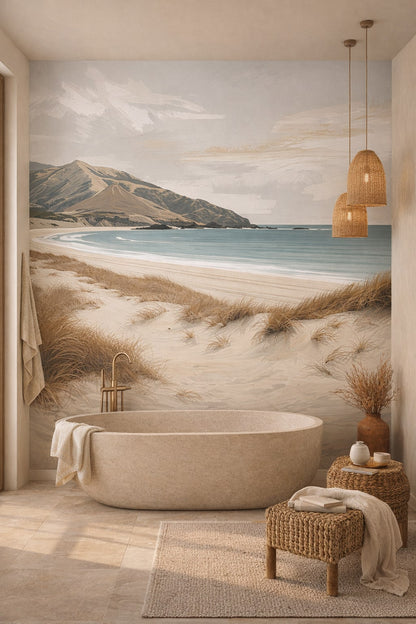 Mediterranean Modern sand-blue coastal landscape featuring sand dunes - Wall Mural Peel and Stick Wallpaper for Mediterranean Modern Luxury Bathroom
