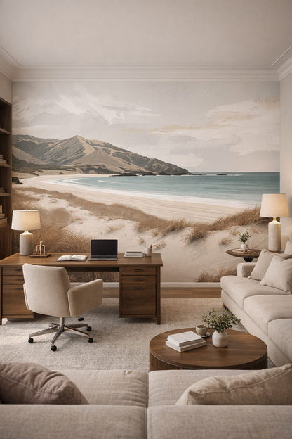 Quiet Luxury greige coastal landscape featuring sand dunes - Wall Mural Peel and Stick Wallpaper for Quiet Luxury Executive Home Office.