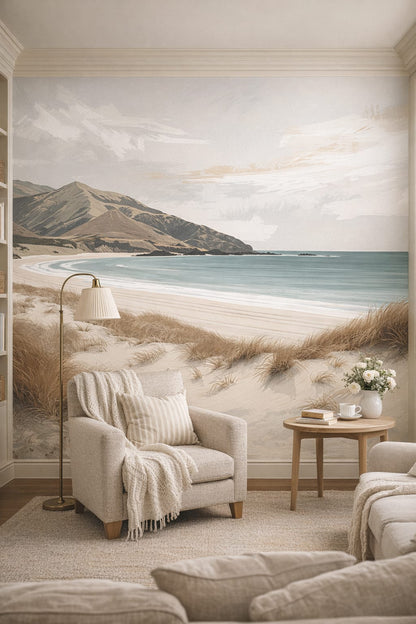 Coastal Grandma off-white coastal landscape featuring beach grass - Wall Mural Peel and Stick Wallpaper for Coastal Grandma Reading Room.