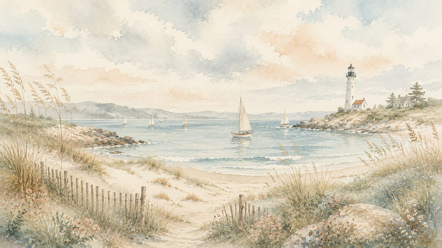 Airy Watercolor Cream coastal landscape featuring lighthouse and sailboats - Wall Mural & Peel and Stick Wallpaper for Watercolor Interiors and Premium Home Styling