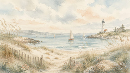 Airy Watercolor Cream coastal landscape featuring lighthouse and sailboats - Wall Mural & Peel and Stick Wallpaper for Watercolor Interiors and Premium Home Styling