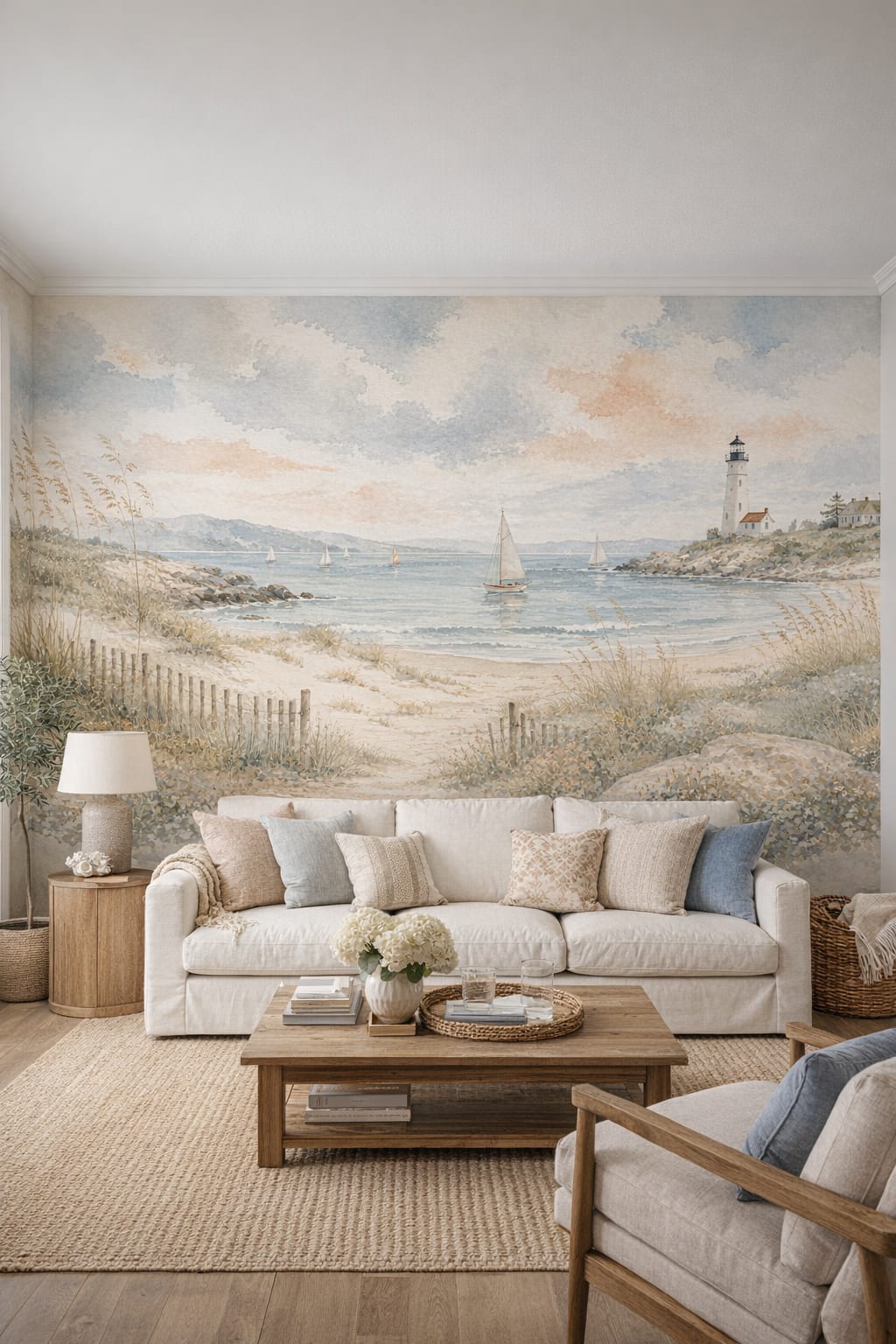Coastal blue coastal landscape featuring lighthouse - Wall Mural Peel and Stick Wallpaper for Coastal Living Room.