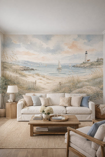 Coastal blue coastal landscape featuring lighthouse - Wall Mural Peel and Stick Wallpaper for Coastal Living Room.