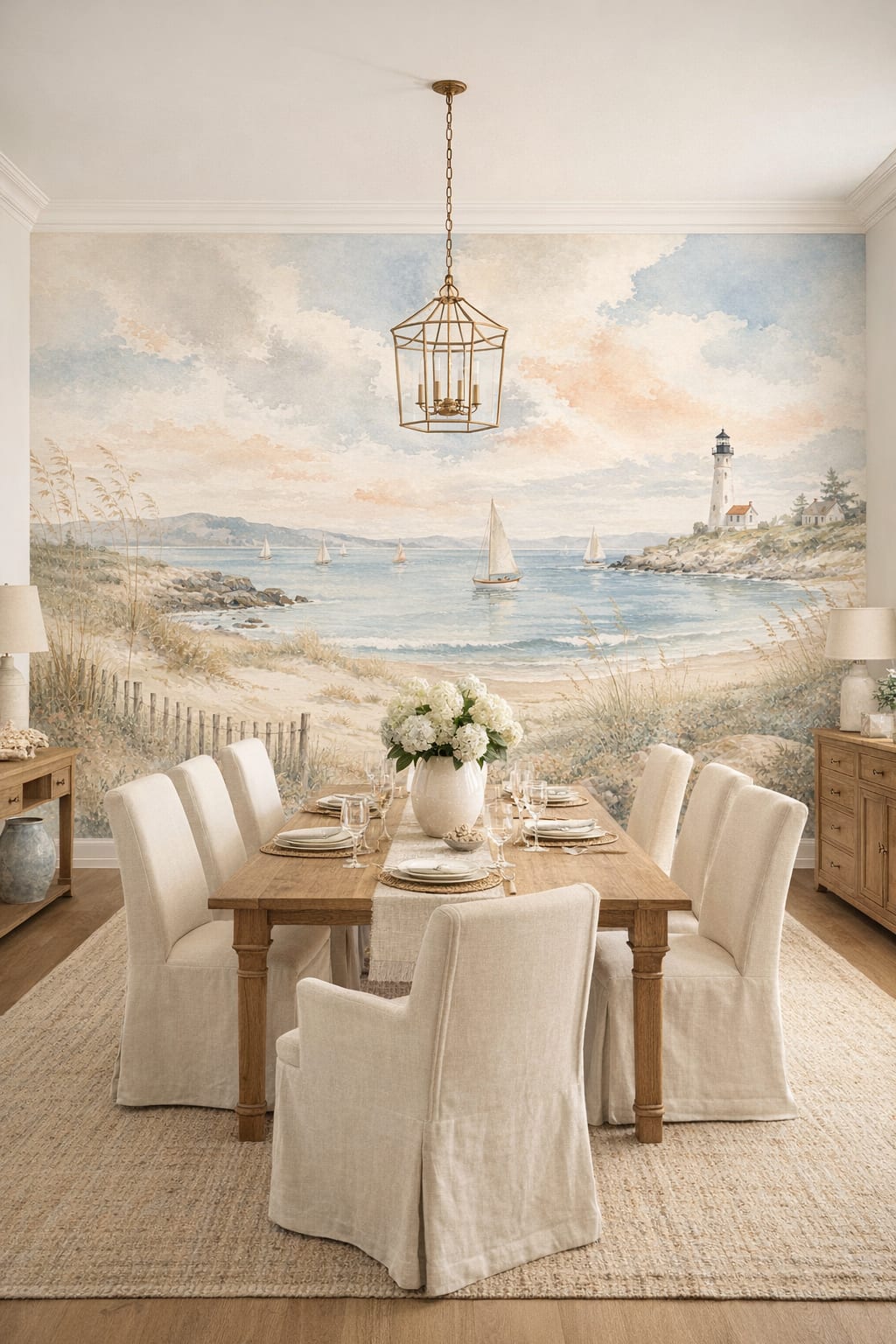 Navy white Hamptons coastal landscape featuring lighthouse - Wall Mural Peel and Stick Wallpaper for Hamptons Formal Dining Room.