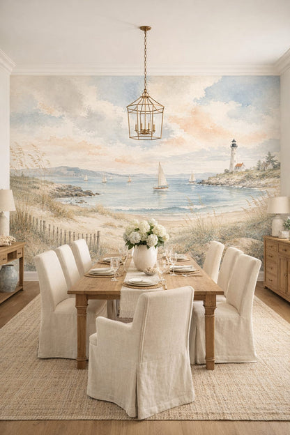 Navy white Hamptons coastal landscape featuring lighthouse - Wall Mural Peel and Stick Wallpaper for Hamptons Formal Dining Room.