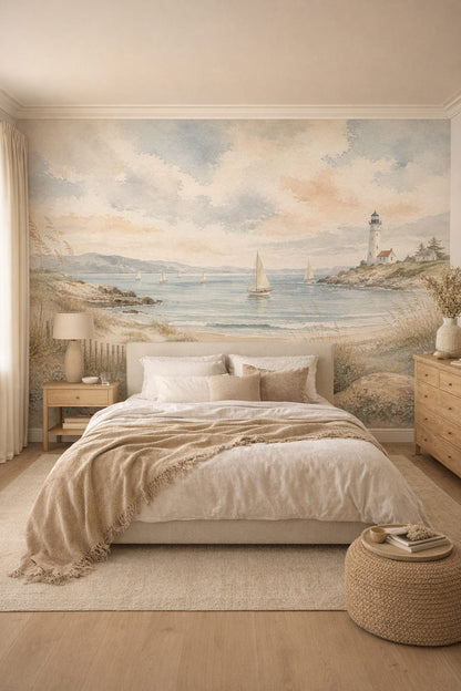 Organic Modern cream coastal landscape featuring lighthouse - Wall Mural Peel and Stick Wallpaper for Organic Modern Master Bedroom.