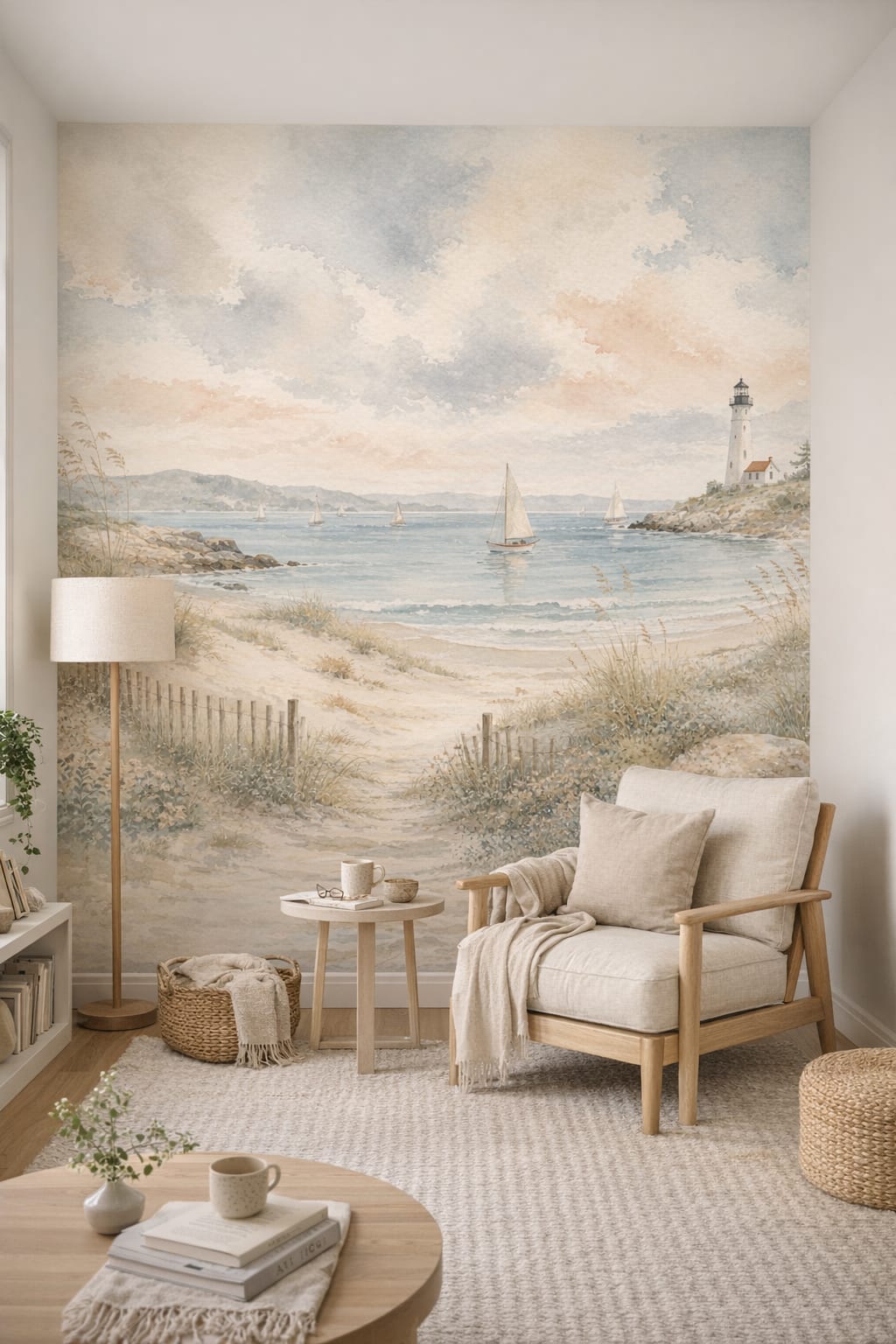 White-gray Scandinavian coastal landscape featuring lighthouse - Wall Mural Peel and Stick Wallpaper for Scandinavian Reading Corner.
