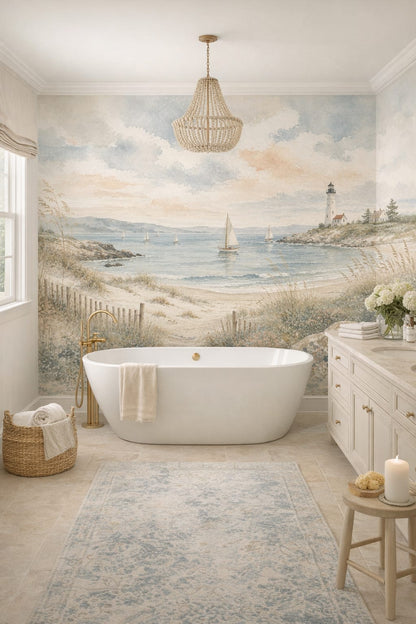 Coastal Grandma navy coastal landscape featuring lighthouse - Wall Mural Peel and Stick Wallpaper for Coastal Grandma Luxury Bathroom.