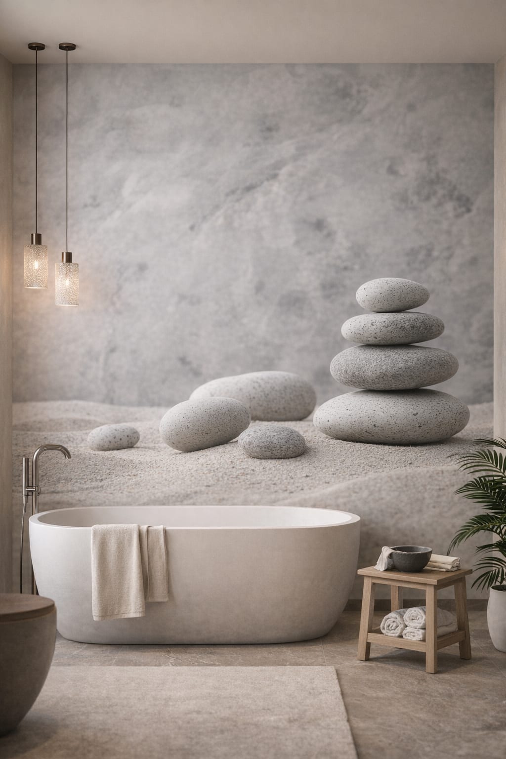 Zen neutral stacked stones featuring stone texture - Wall Mural Peel and Stick Wallpaper for Zen Luxury Bathroom.