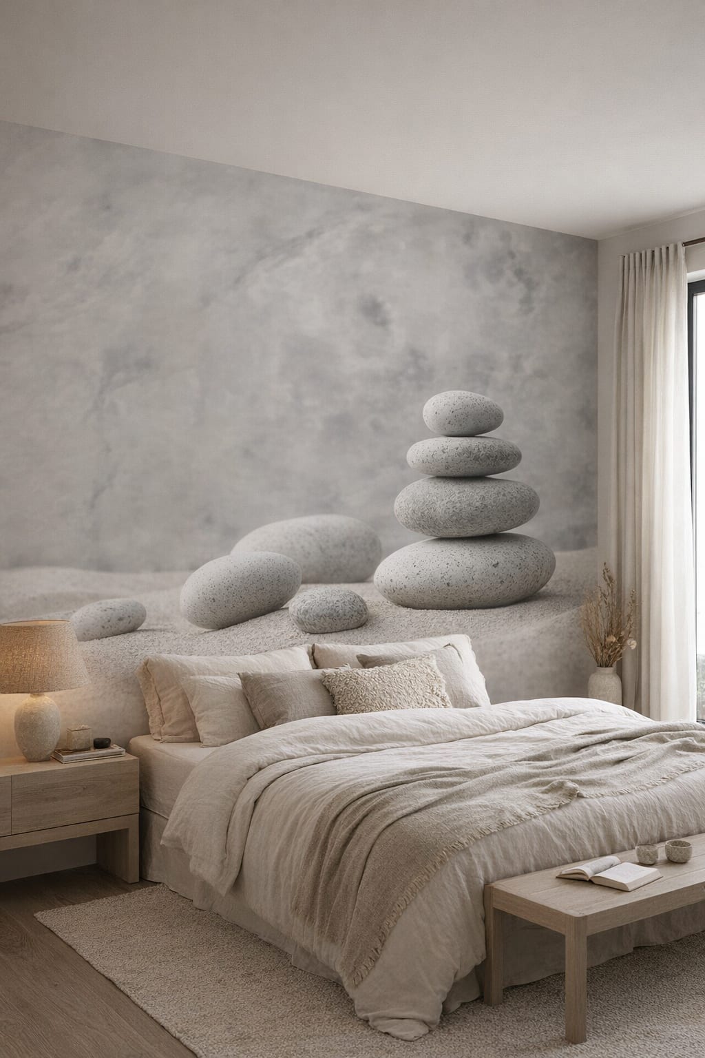 Wabi-sabi muted earth tones stacked stones featuring sand texture - Wall Mural Peel and Stick Wallpaper for Wabi-sabi Master Bedroom.