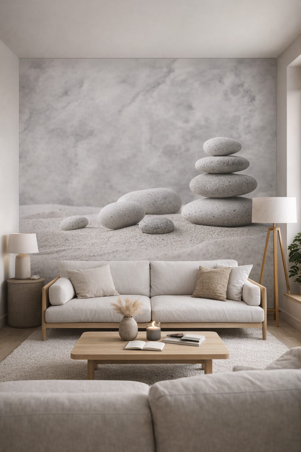 Japandi minimal, sand-toned stacked stones featuring sand texture - Wall Mural Peel and Stick Wallpaper for Japandi Living Room.