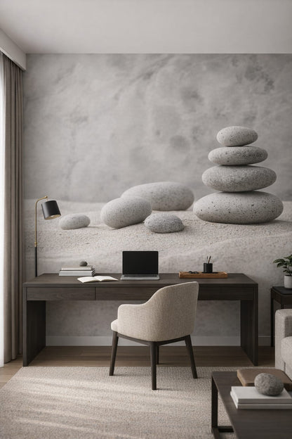 Minimalist gray stacked stones featuring sand texture - Wall Mural Peel and Stick Wallpaper for Minimalist Executive Home Office.