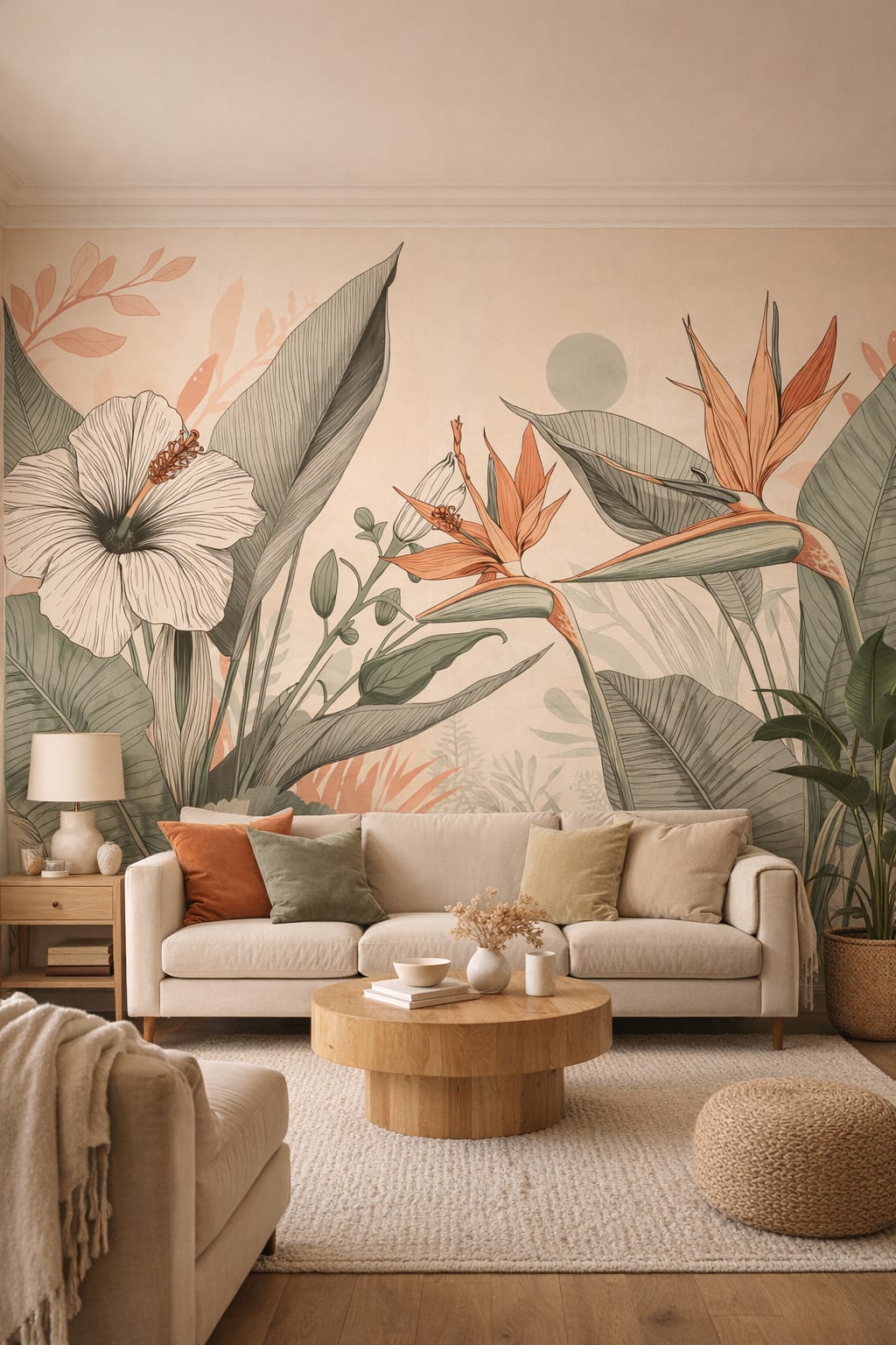 Cream Organic Modern tropical botanicals featuring sun disc - Wall Mural Peel and Stick Wallpaper for Organic Modern Living Room.