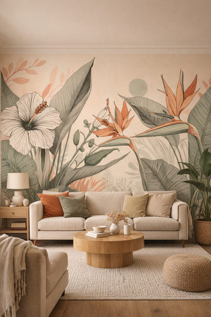 Cream Organic Modern tropical botanicals featuring sun disc - Wall Mural Peel and Stick Wallpaper for Organic Modern Living Room.