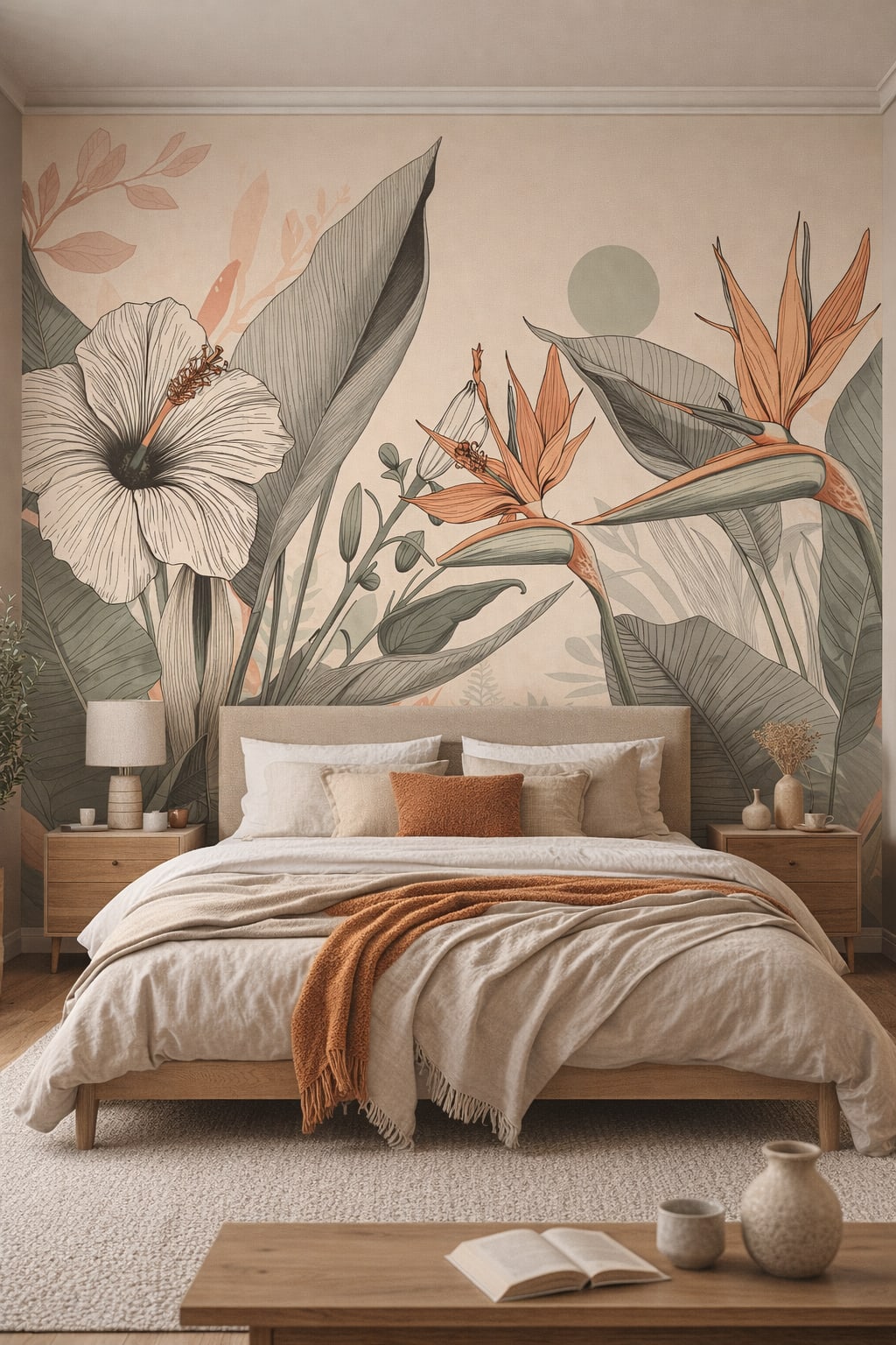 Japandi sand-toned tropical botanicals featuring large leaves - Wall Mural Peel and Stick Wallpaper for Japandi Master Bedroom.