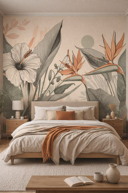 Japandi sand-toned tropical botanicals featuring large leaves - Wall Mural Peel and Stick Wallpaper for Japandi Master Bedroom.