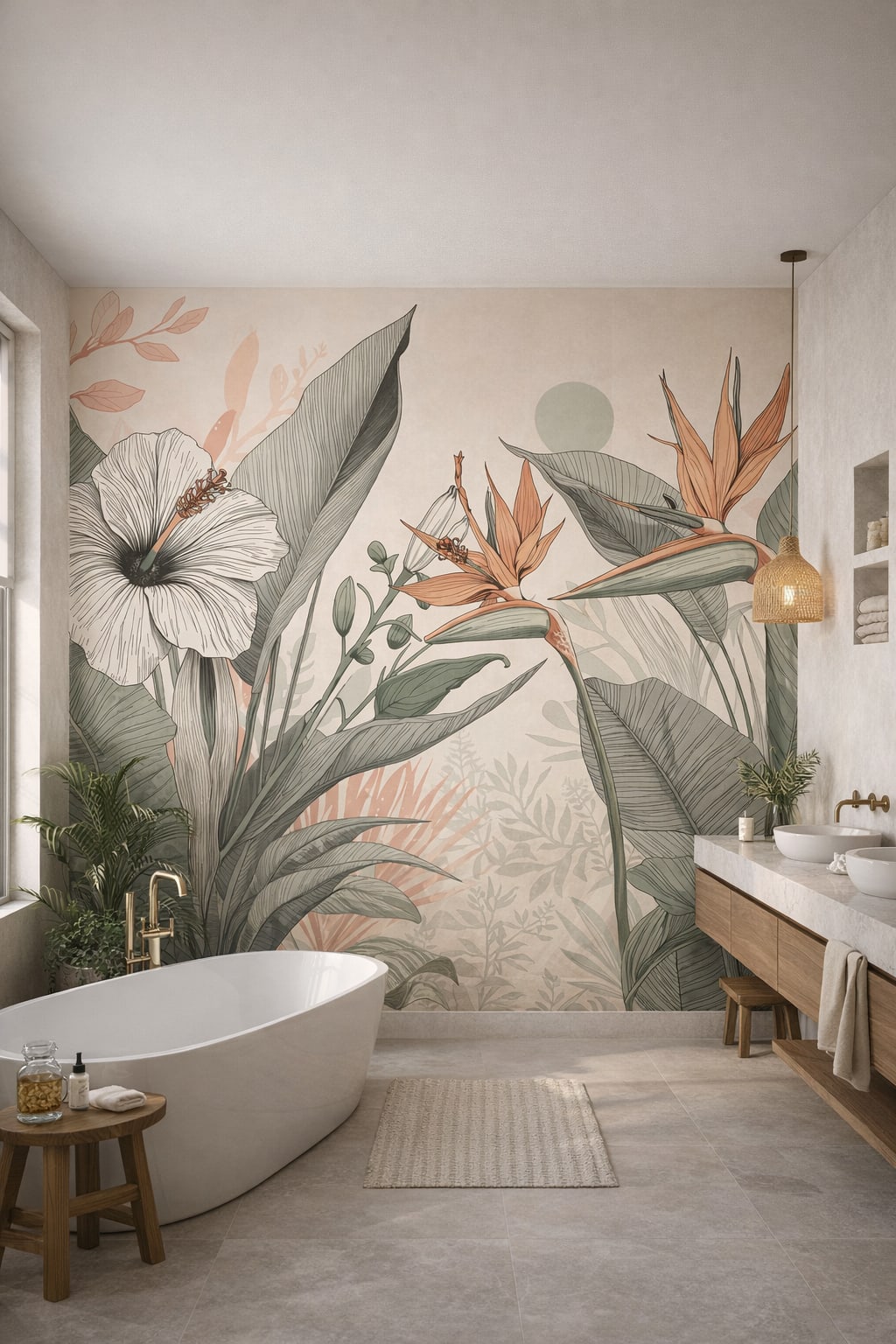 Tropical Modern white-green tropical botanicals featuring sun disc - Wall Mural Peel and Stick Wallpaper for Tropical Modern Luxury Bathroom.