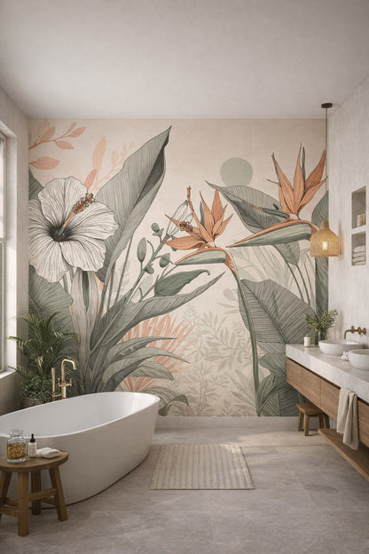 Tropical Modern white-green tropical botanicals featuring sun disc - Wall Mural Peel and Stick Wallpaper for Tropical Modern Luxury Bathroom.