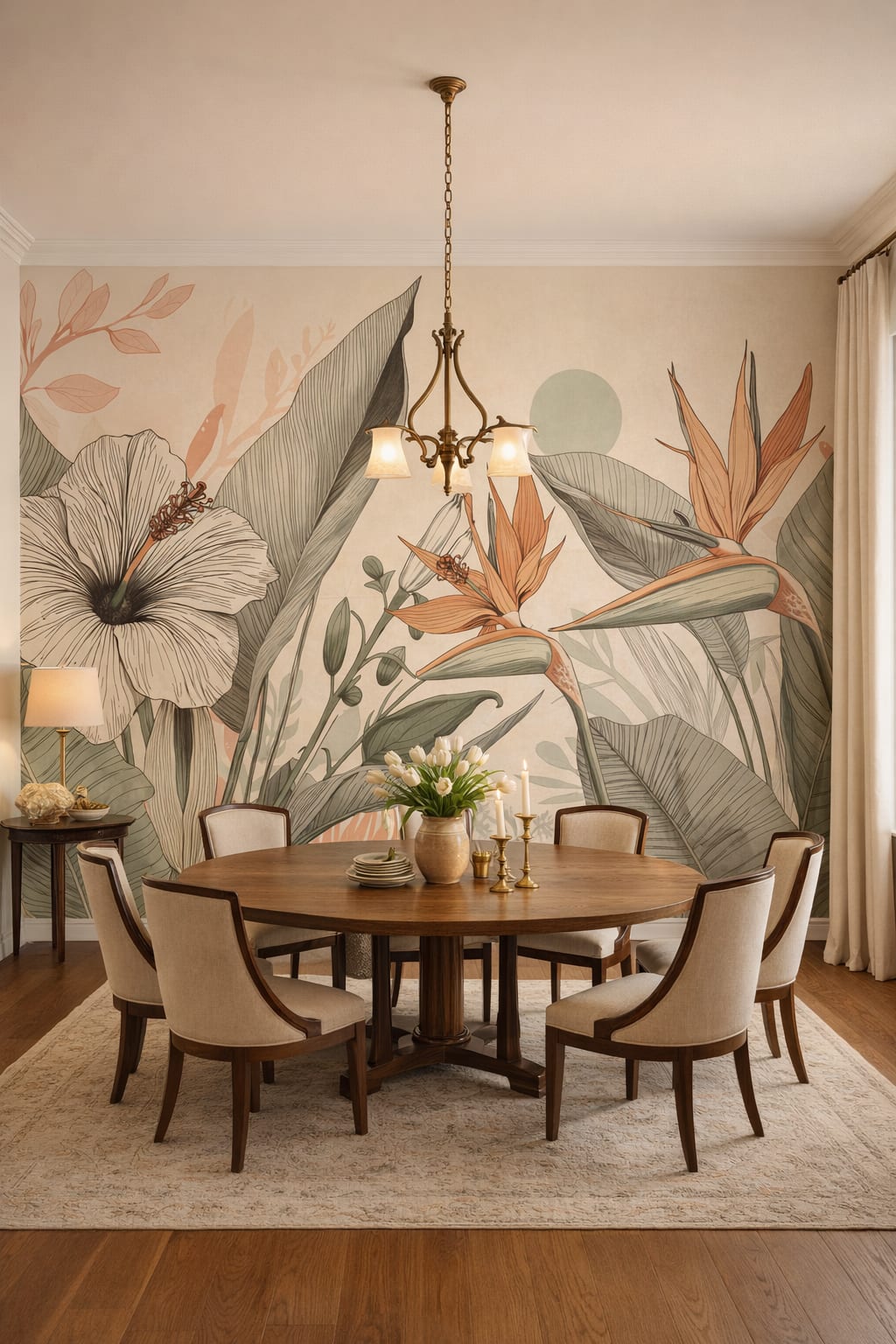 Art Nouveau cream-toned tropical botanicals featuring sun disc - Wall Mural Peel and Stick Wallpaper for Art Nouveau Formal Dining Room.