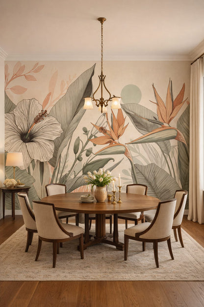 Art Nouveau cream-toned tropical botanicals featuring sun disc - Wall Mural Peel and Stick Wallpaper for Art Nouveau Formal Dining Room.