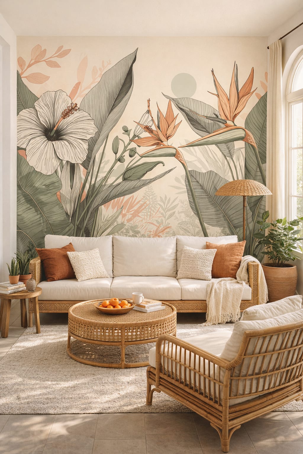 Mediterranean sand-toned tropical botanicals featuring a sun disc - Wall Mural Peel and Stick Wallpaper for Mediterranean Modern Sunroom.