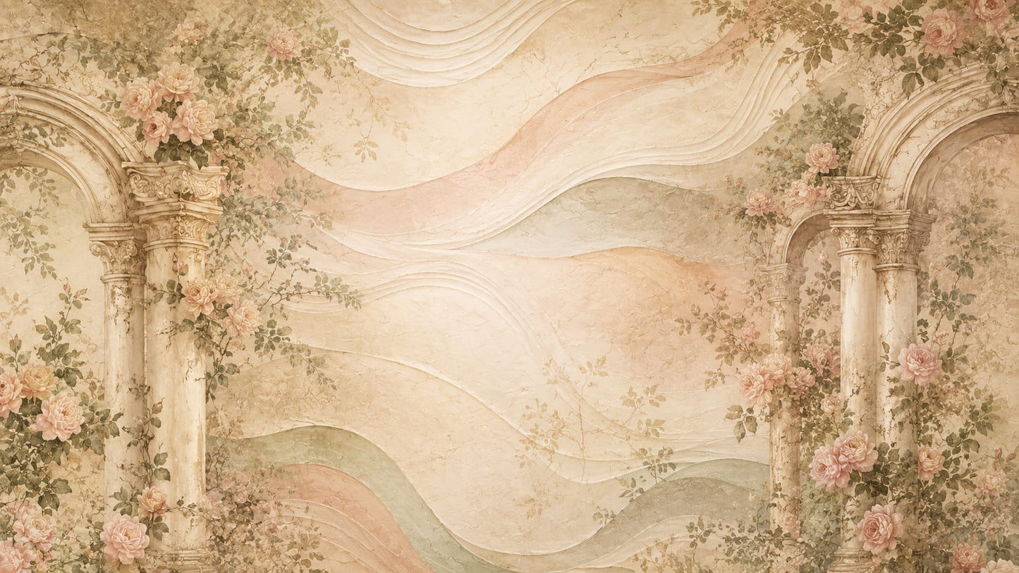 Romantic Stately Cream floral blossoms featuring classical arches and botanical vines - Wall Mural & Peel and Stick Wallpaper for Painterly Interiors and Premium Home Styling