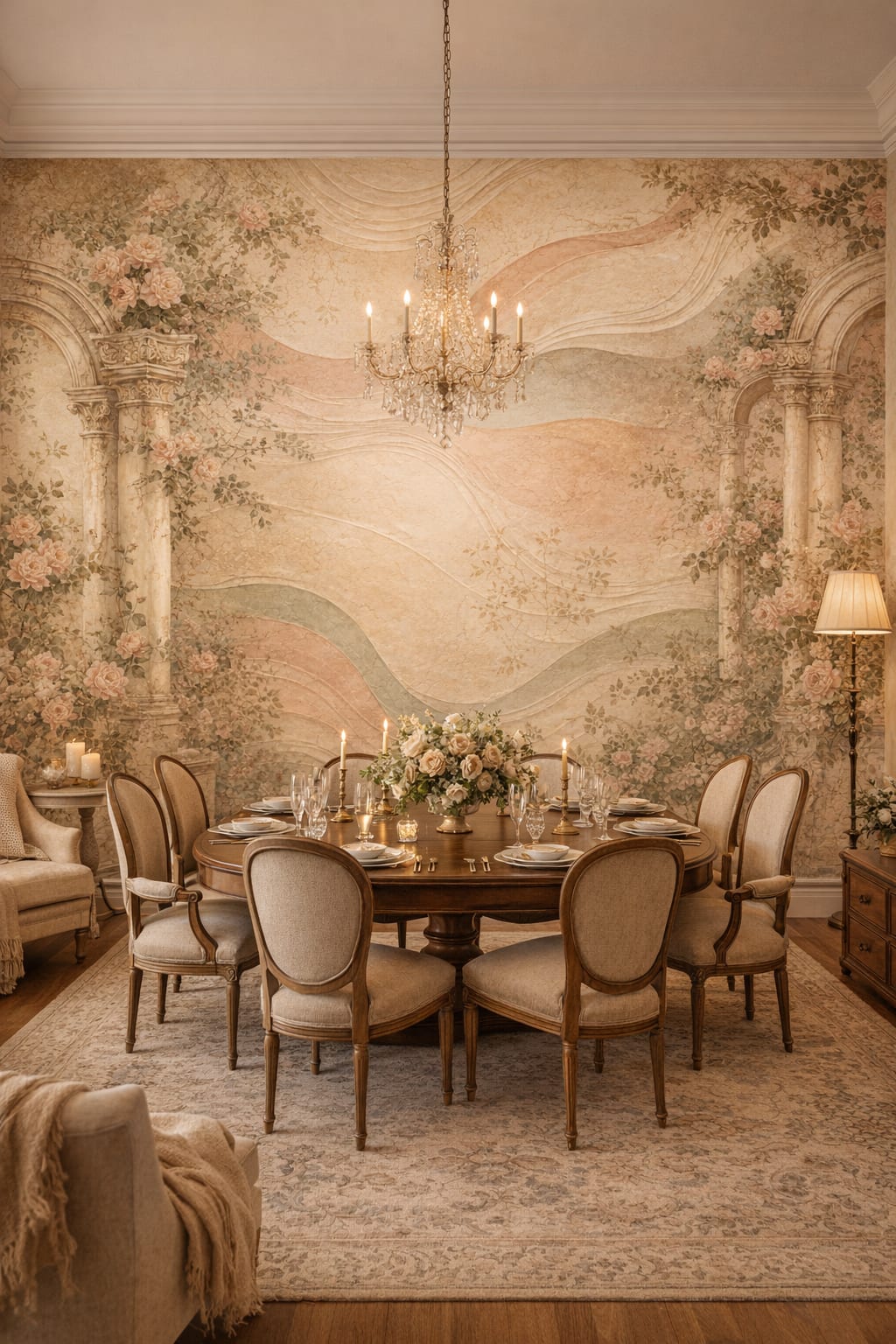 Cream green Art Nouveau floral blossoms featuring classical arches - Wall Mural Peel and Stick Wallpaper for Art Nouveau Formal Dining Room.