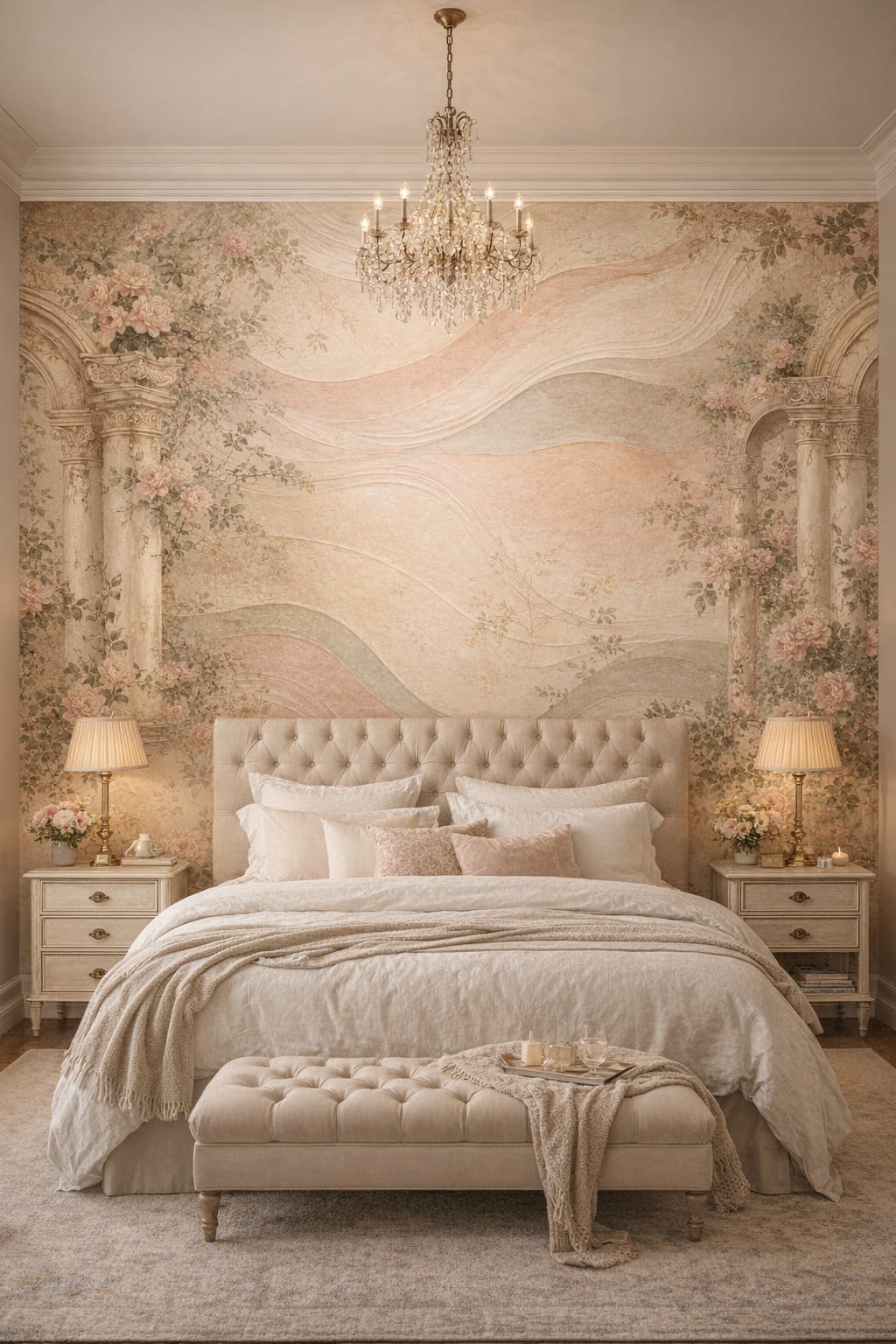 Parisian white-gold floral blossoms featuring classical arches - Wall Mural Peel and Stick Wallpaper for Parisian Master Bedroom.
