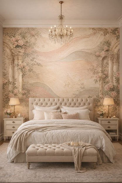 Parisian white-gold floral blossoms featuring classical arches - Wall Mural Peel and Stick Wallpaper for Parisian Master Bedroom.