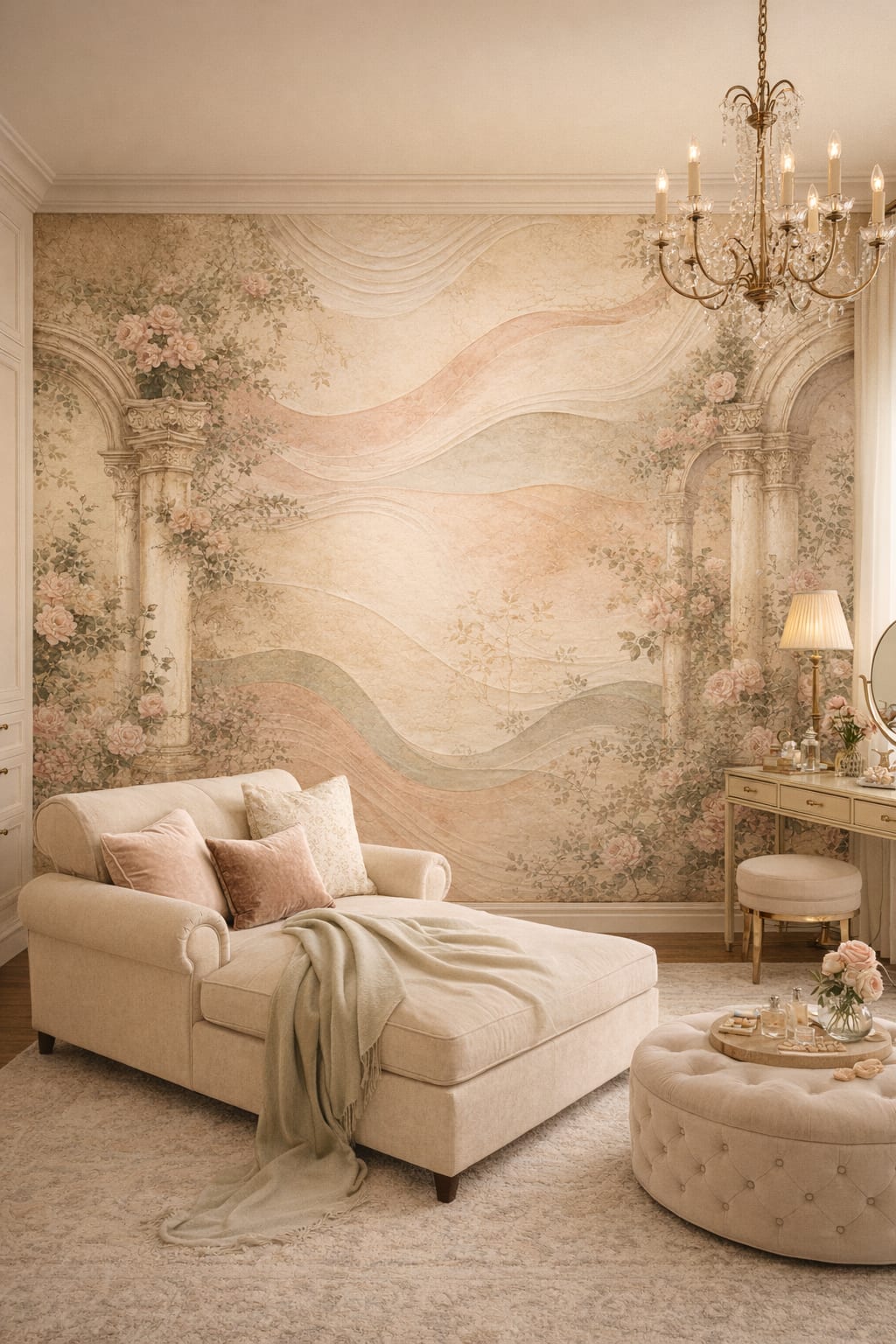 Blush cream floral blossoms featuring classical arches - Wall Mural Peel and Stick Wallpaper for Romantic Dressing Room.