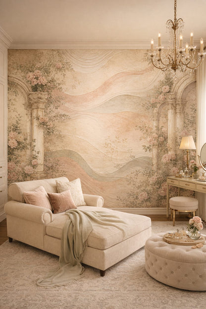 Blush cream floral blossoms featuring classical arches - Wall Mural Peel and Stick Wallpaper for Romantic Dressing Room.