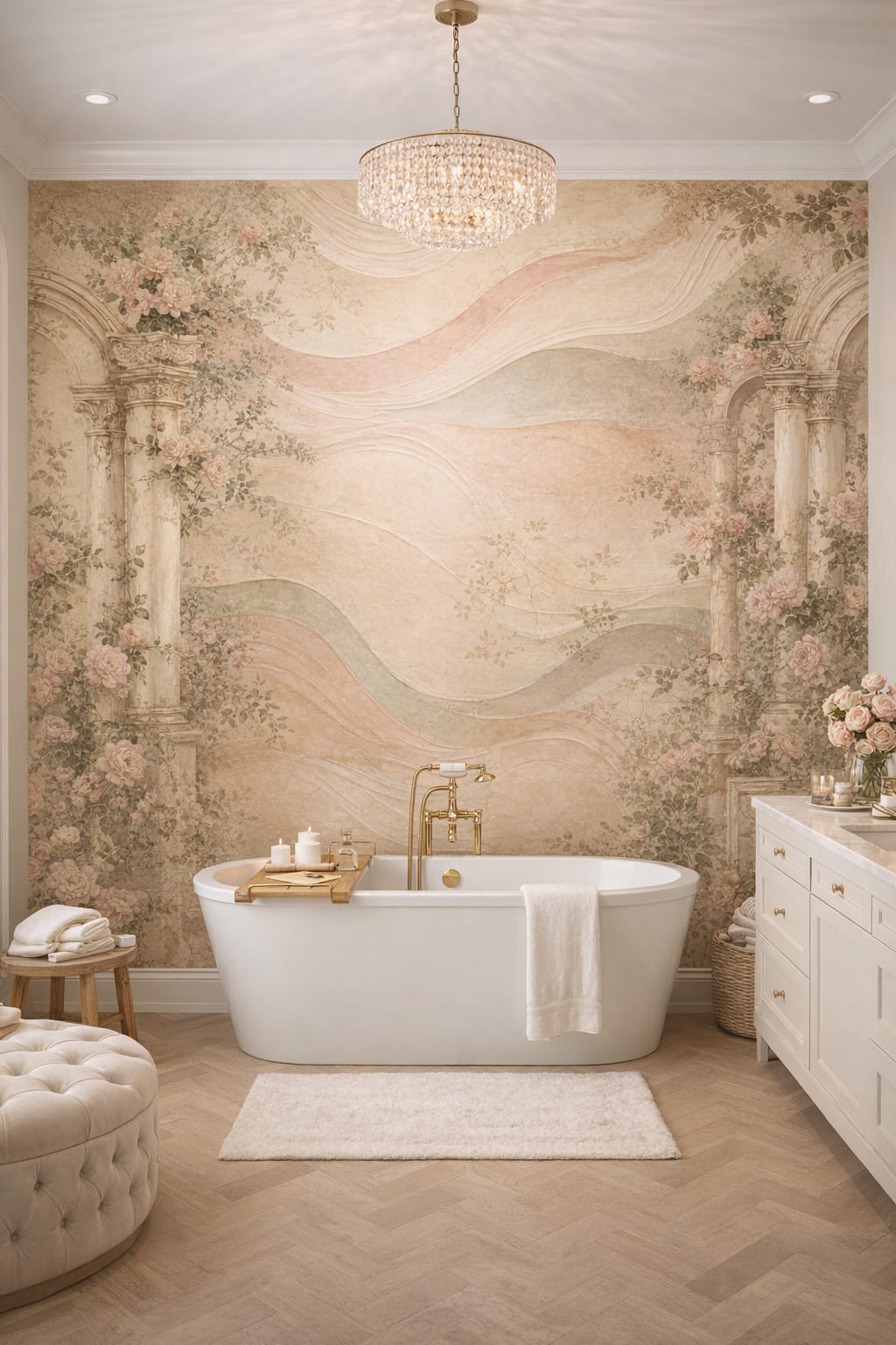Cream warm-gray floral blossoms featuring classical arches - Wall Mural Peel and Stick Wallpaper for Modern Classic Luxury Bathroom.