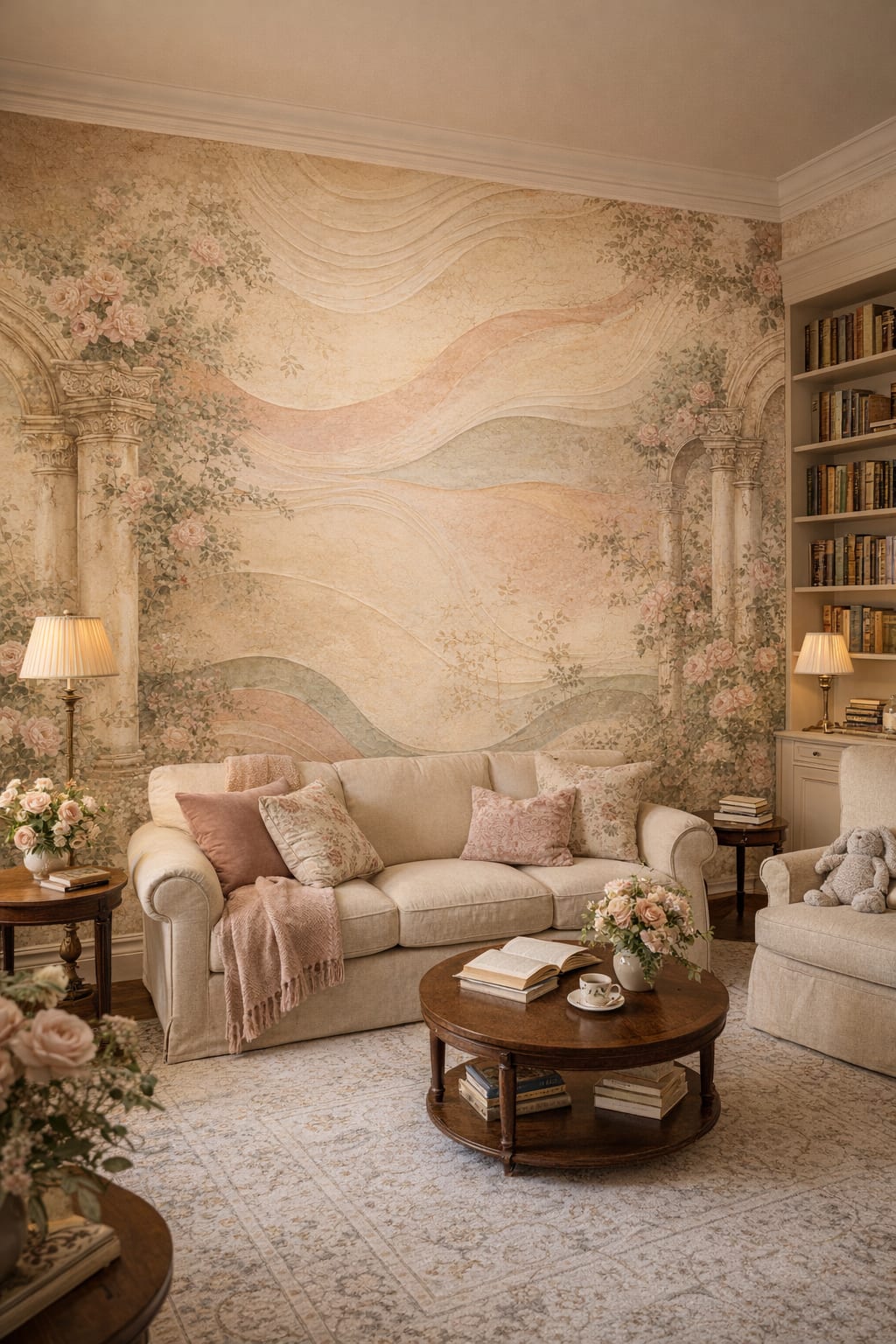 Garden-green, rose-toned floral blossoms featuring classical arches - Wall Mural Peel and Stick Wallpaper for English Garden Nursery Reading Room.