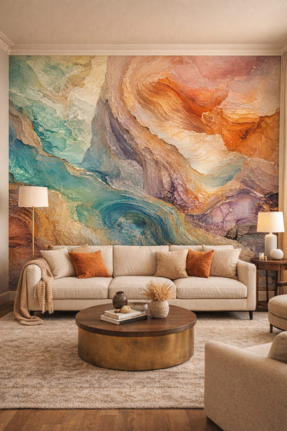 Neutral stone abstract mineral flow - Wall Mural Peel and Stick Wallpaper for Luxury Contemporary Living Room.